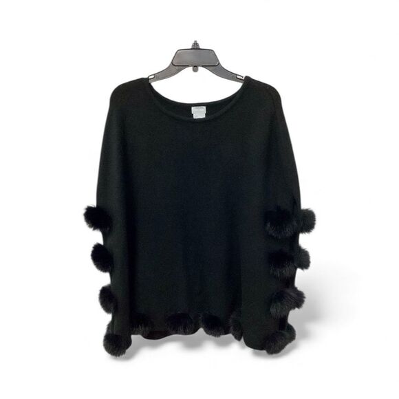 Chico’s Black Fur Pom Pom Poncho NWT S/M - Picture 1 of 7
